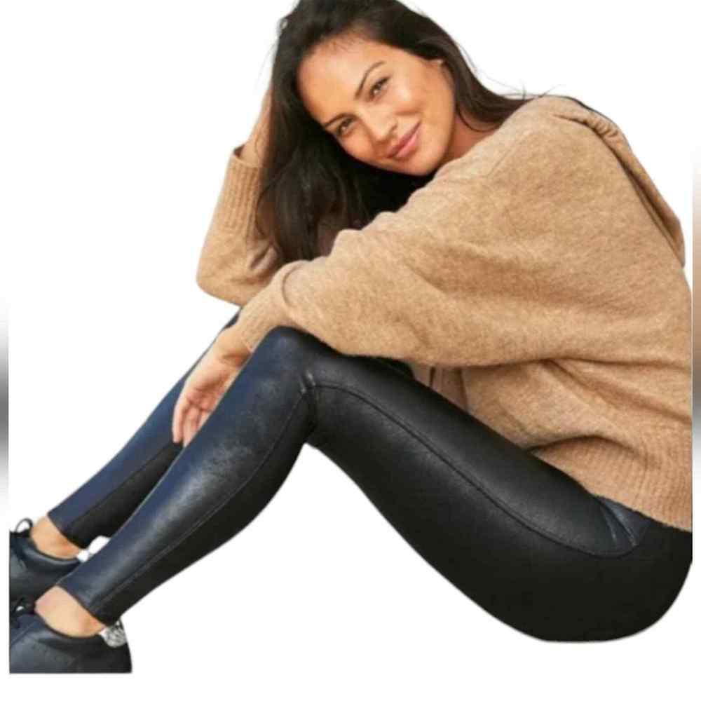 SPANX "The Signature Skinny" Side Zip BLACK WAX COATED Jeggings Jeans 29